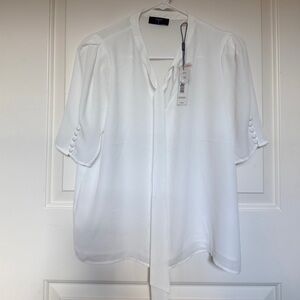 NWT T Tahari White Tie-Neck Shirt with Button Sleeve Detail - Size XS